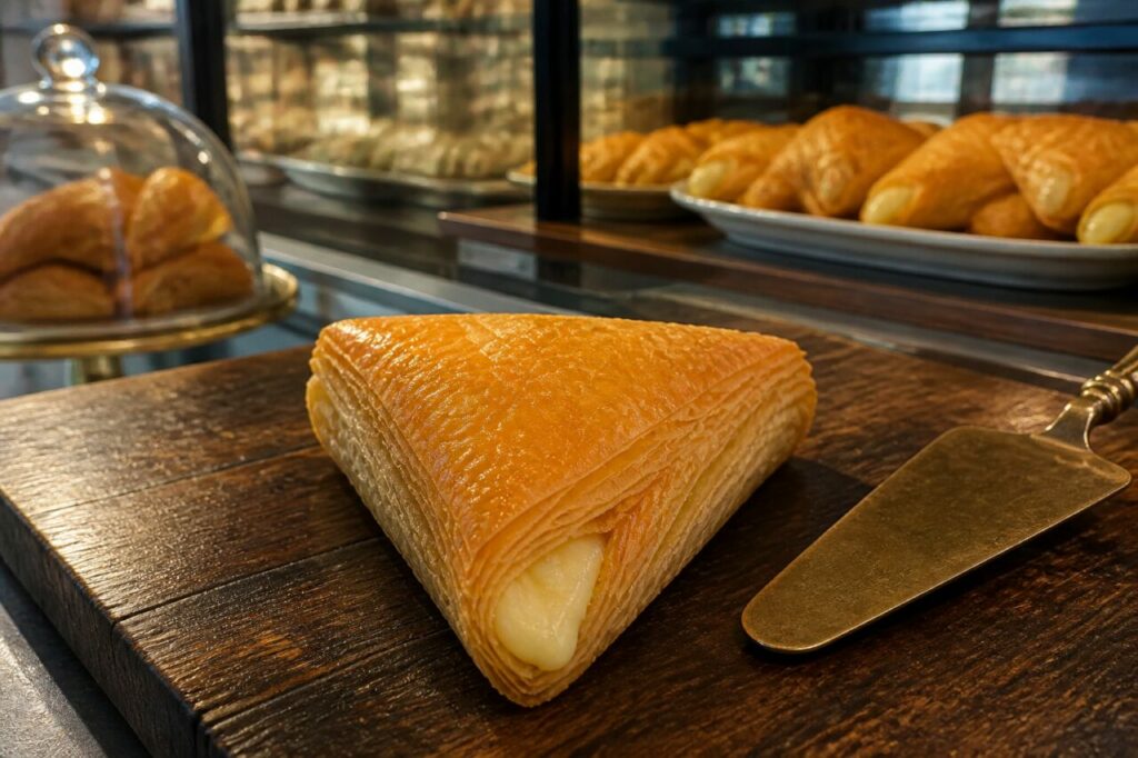 Crisp phyllo layers shape custard-filled trigona Panoramatos