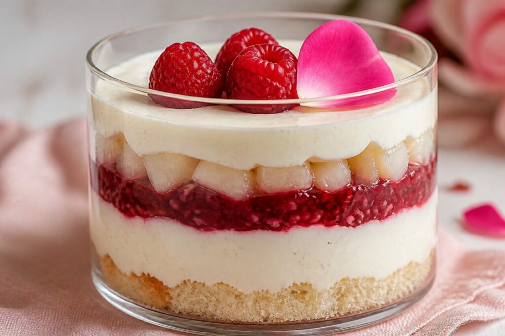 Couches de crème et de fruits dans une verrine framboise, litchi et rose