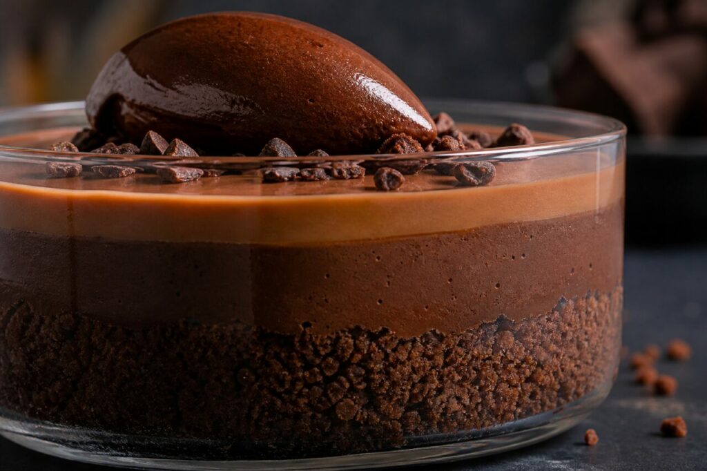 Couches de mousse au chocolat, caramel et crumble cacao en verrine