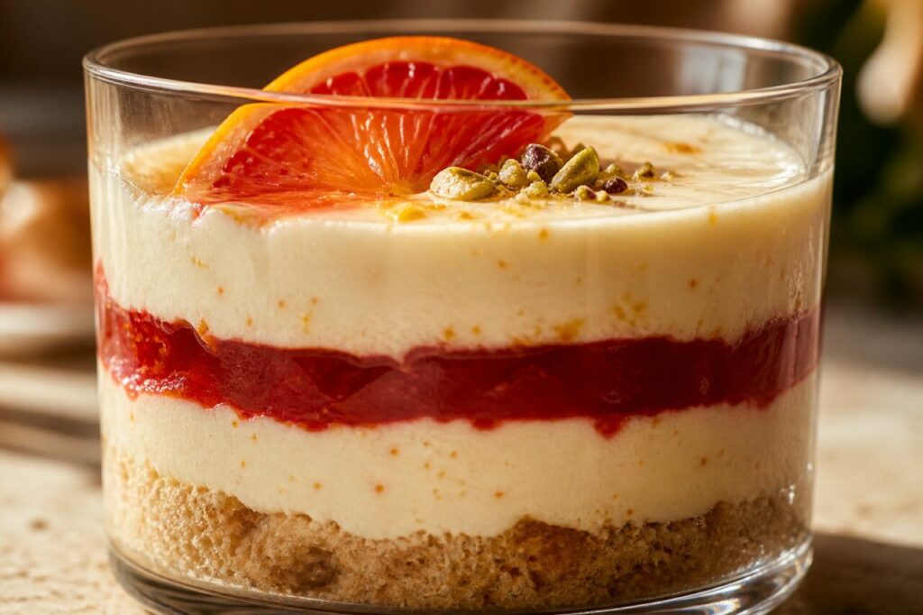 Couches de tiramisu à l’orange sanguine, cardamome et pistaches