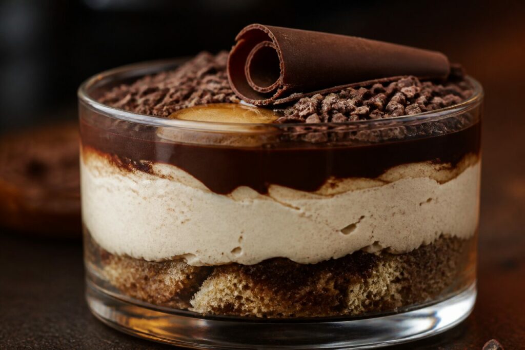 Camadas de tiramisù café-tonca sob ganache e rolo de chocolate