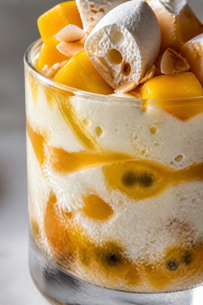 Couches mangue-passion, crème et copeaux de coco dans le verre — Parfait glacé mangue-passion-coco en verrine