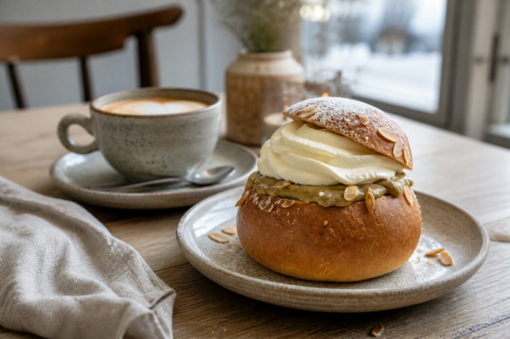 Strati netti di crema al pistacchio e panna nel semla spolverato