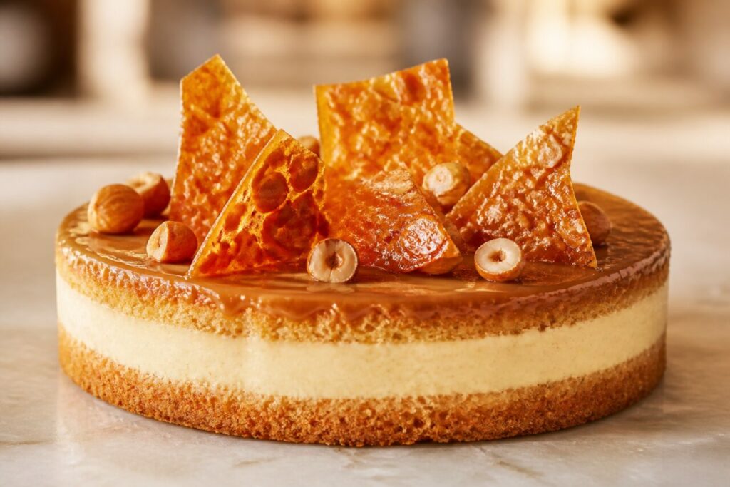 Couches régulières du gâteau nougatine-vanille sous noisettes et éclats ambrés
