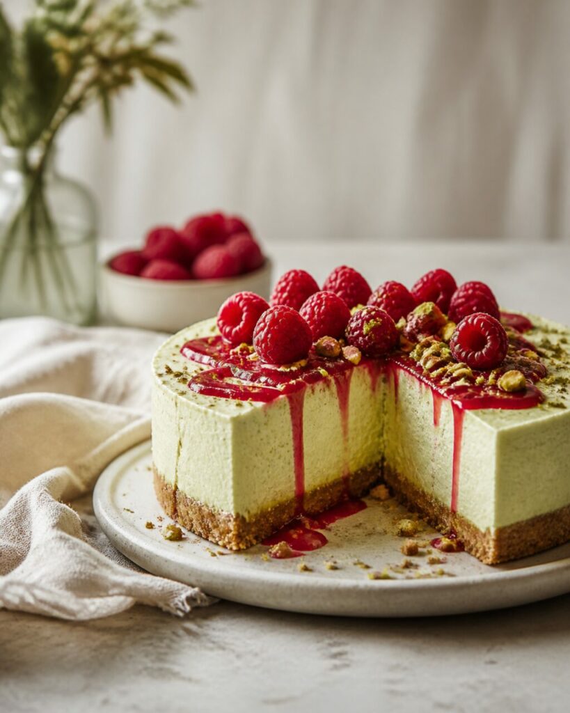 Red coulis drips beneath the berries on the pistachio raspberry cheesecake