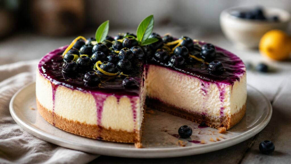 Coulis violet ruisselant le long du cheesecake myrtilles-citron