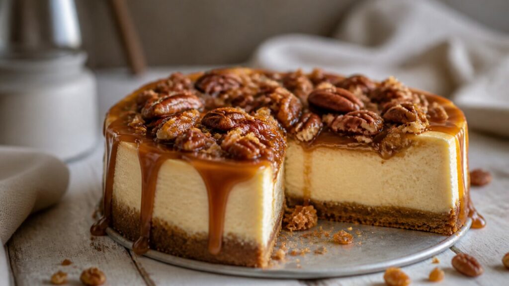 Coulures de caramel et pécans sur le flanc du cheesecake caramel-pécan