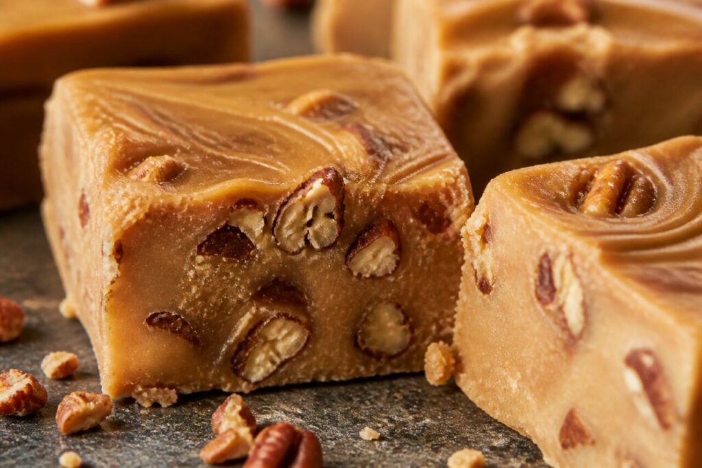 Centro denso do fudge de caramelo, castanha e pecã