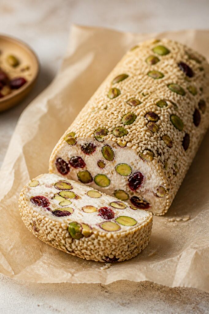 Substantial slice of rolled pistachio and cranberry nougat