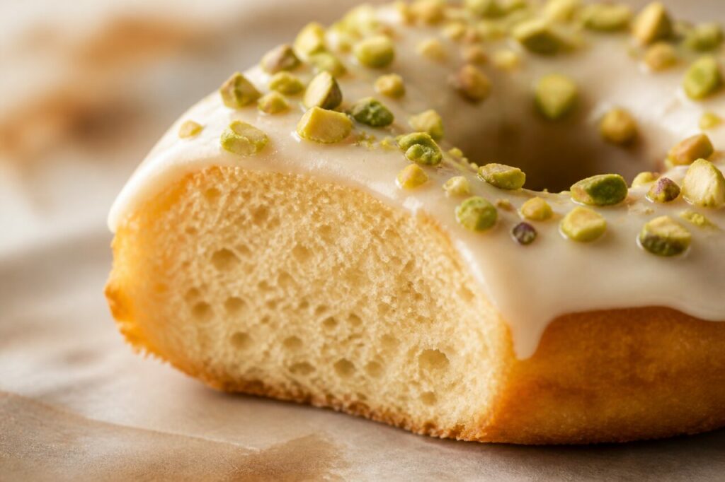 Coupe macro d’un donut glacé aux pistaches