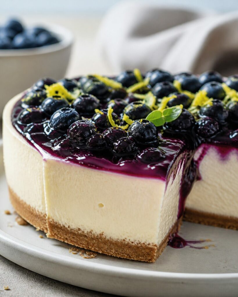 Coupe nette dans la crème du cheesecake myrtilles-citron