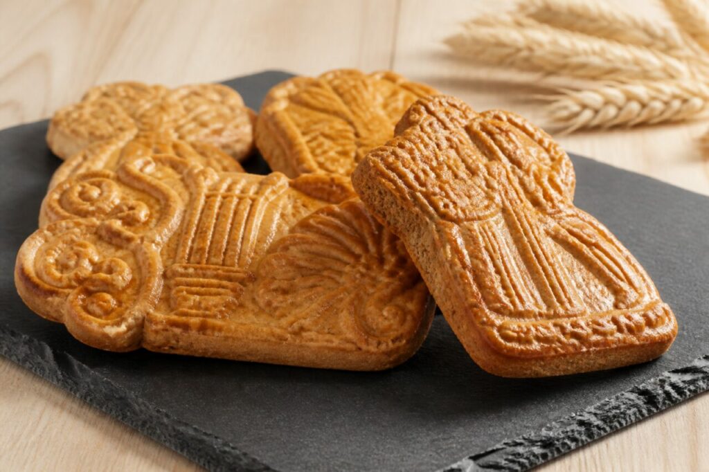 Couques de Dinant moulées aux reliefs floraux sur ardoise, vue trois-quarts
