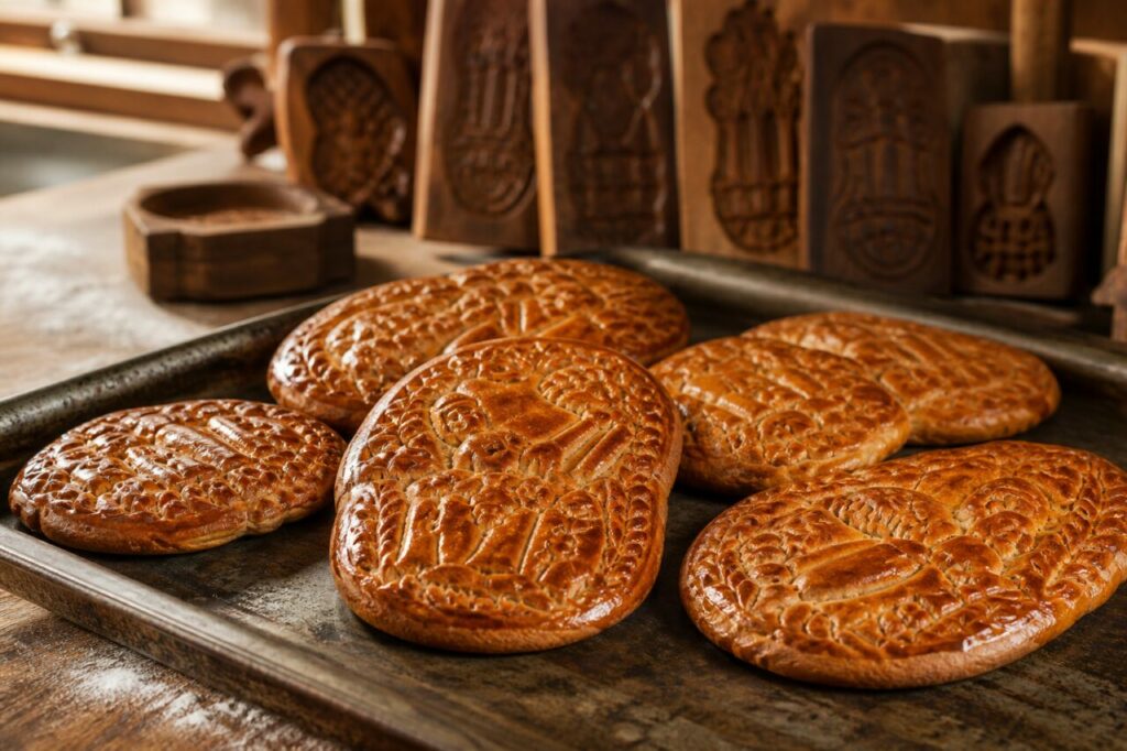 Couques de Dinant sur platine patinée avec moules en bois, scène d’atelier wallon