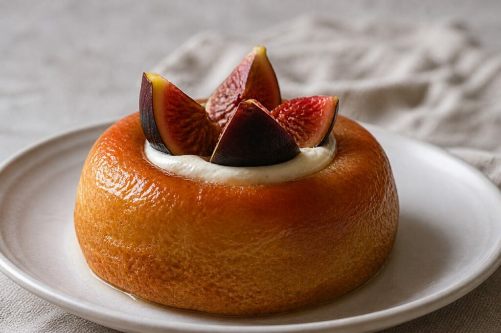 Corona ambrata del savarin con fichi e mascarpone
