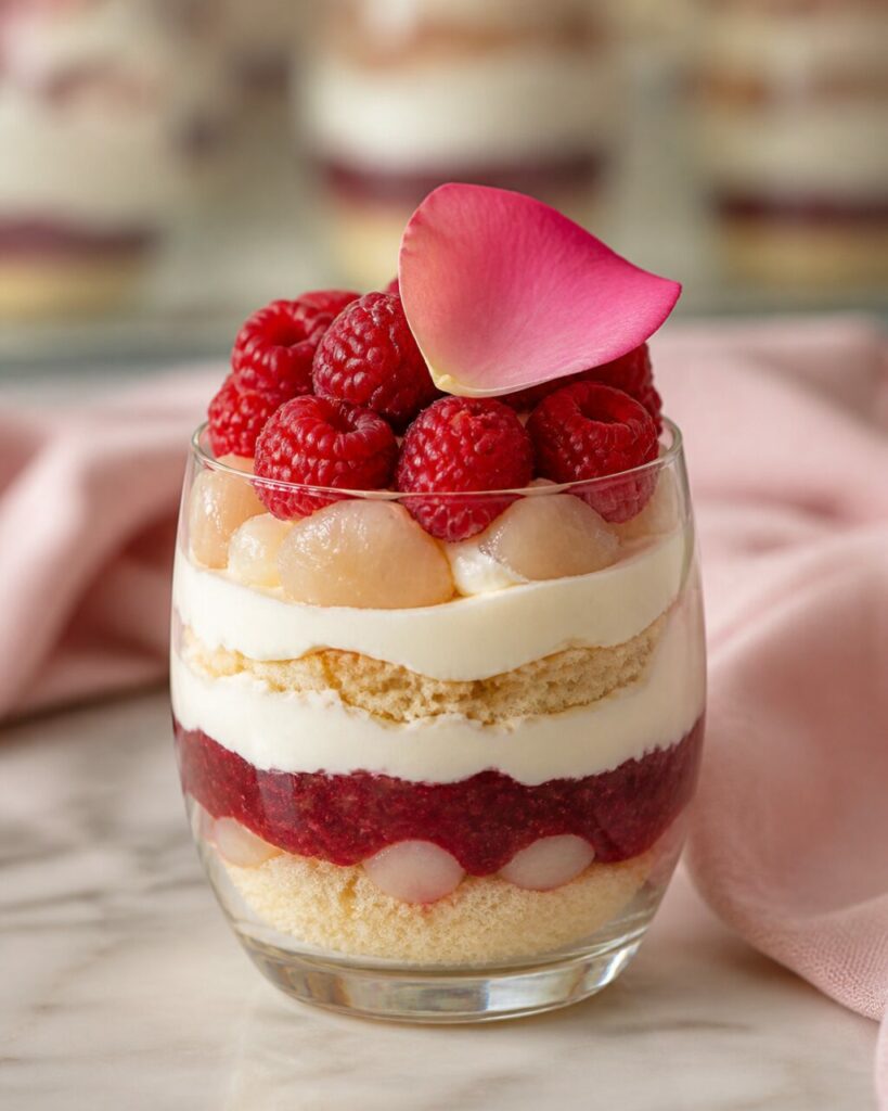 Couronne de framboises sur une verrine au litchi et pétale de rose