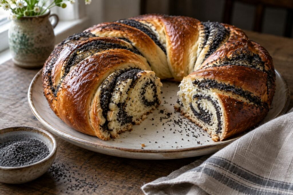Coroa rústica de kolach com papoila num prato de cerâmica