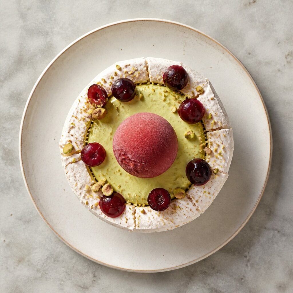 Meringue ring, red sour cherry and pistachio pieces — Pistachio sour-cherry frozen vacherin