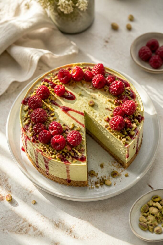 Uma coroa de fruta cobre o cheesecake de pistácio e framboesas cortado