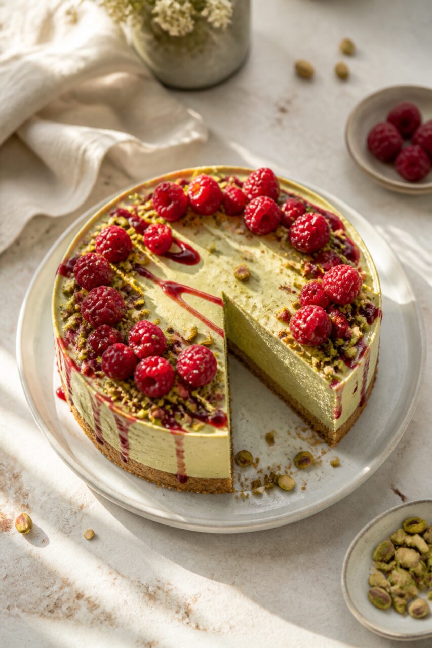 A fruit ring tops the sliced pistachio raspberry cheesecake
