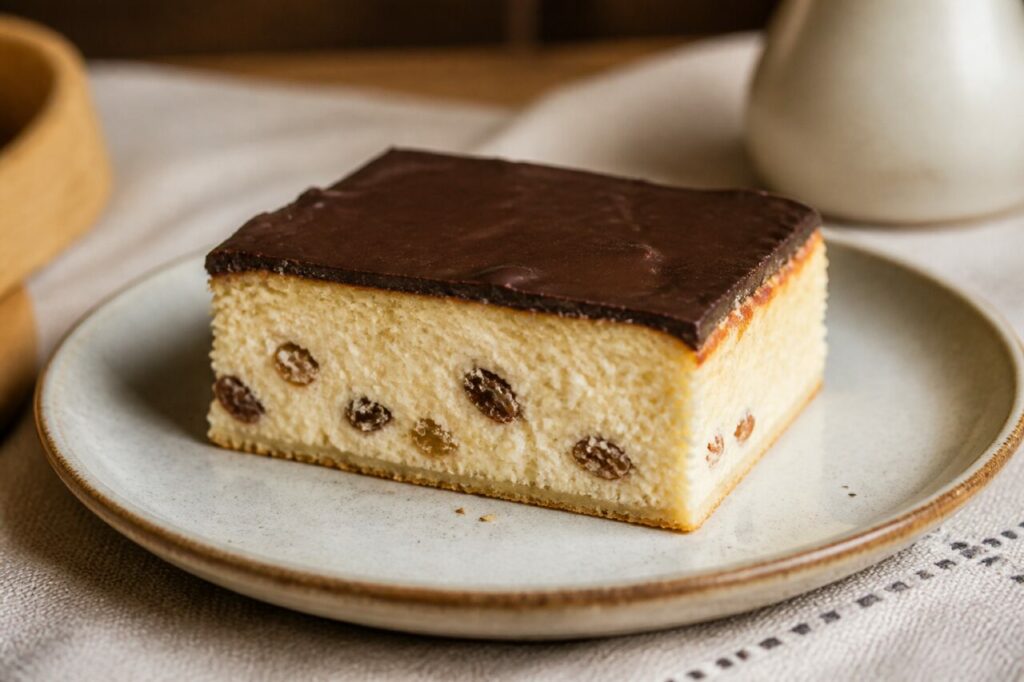 Couverture de chocolat noir sur le cheesecake de Lviv aux raisins
