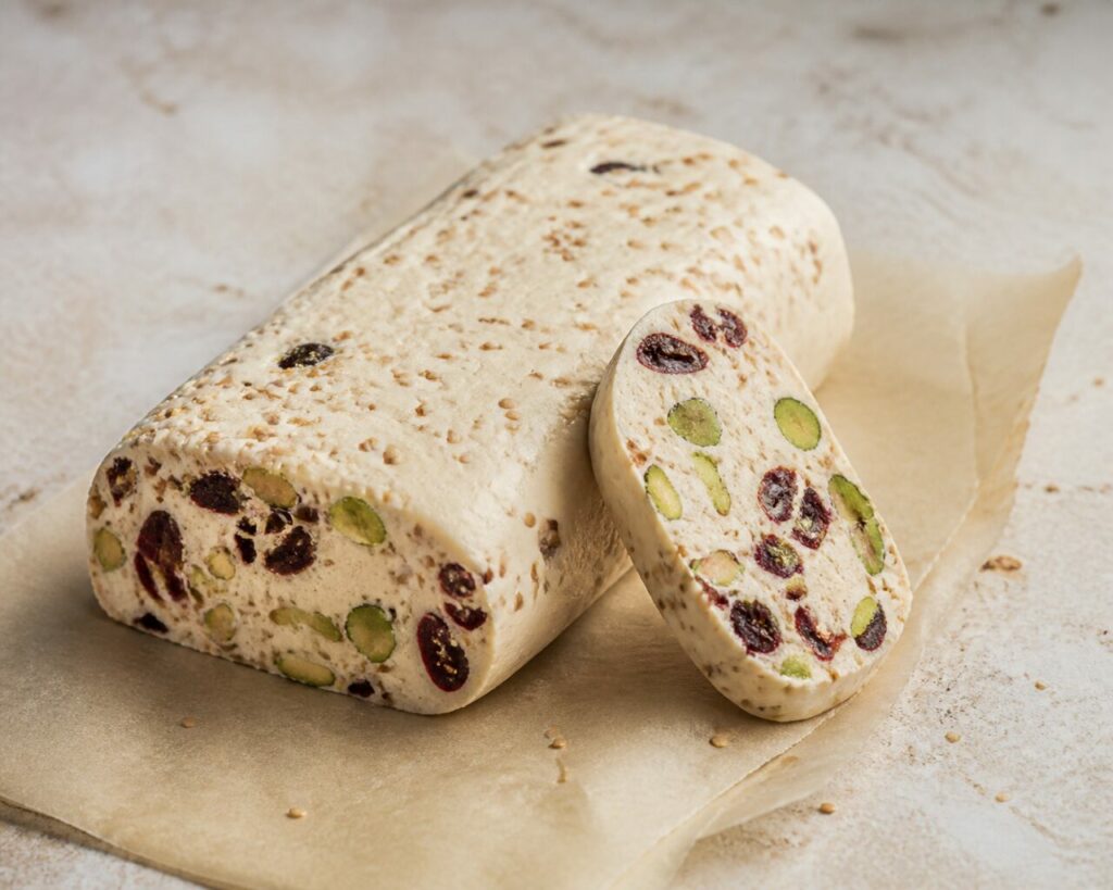 Red cranberries and pistachios stud the rolled nougat