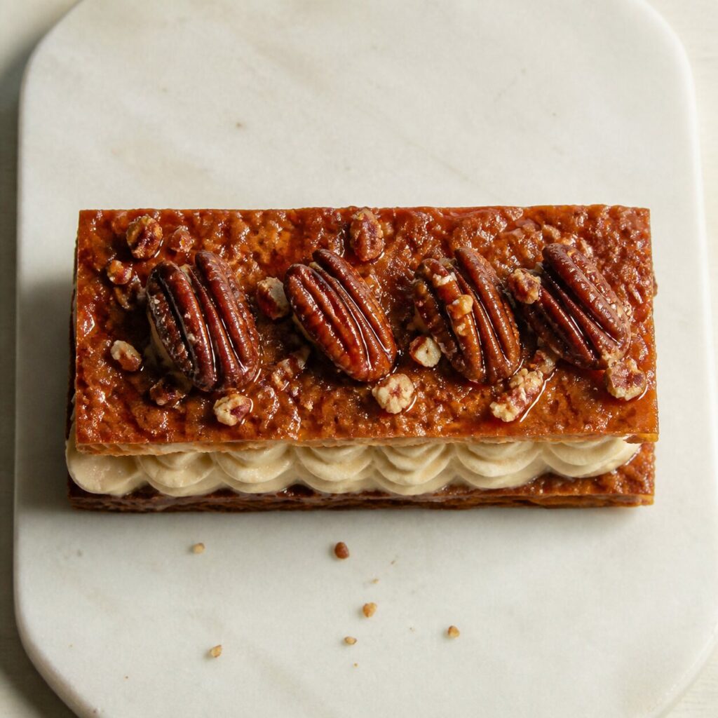 Crème à l'érable pochée entre les feuillets du mille-feuille aux pécans
