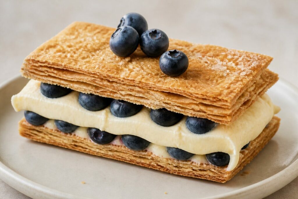 Crema abundante entre los pisos del pastel Napoleón