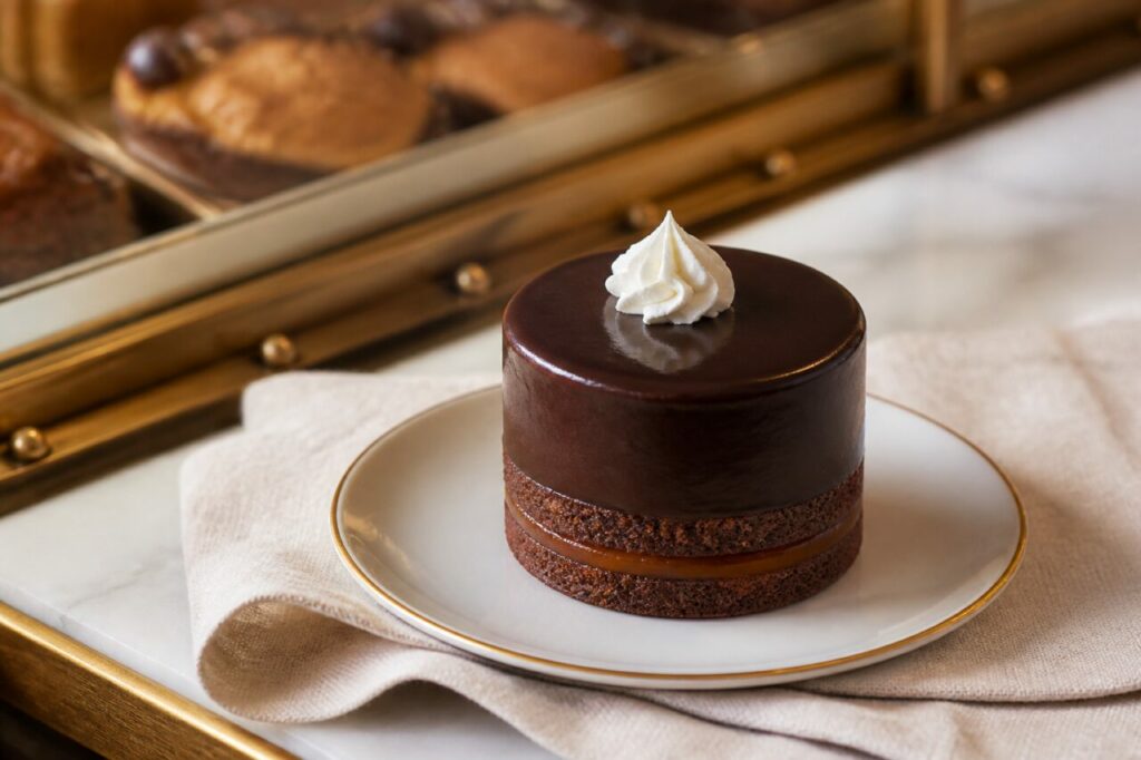 Crema bianca a rosetta sulla mini Sachertorte individuale