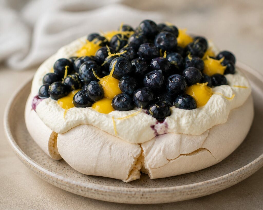 Thick white cream covers the meringue of the blueberry lemon pavlova