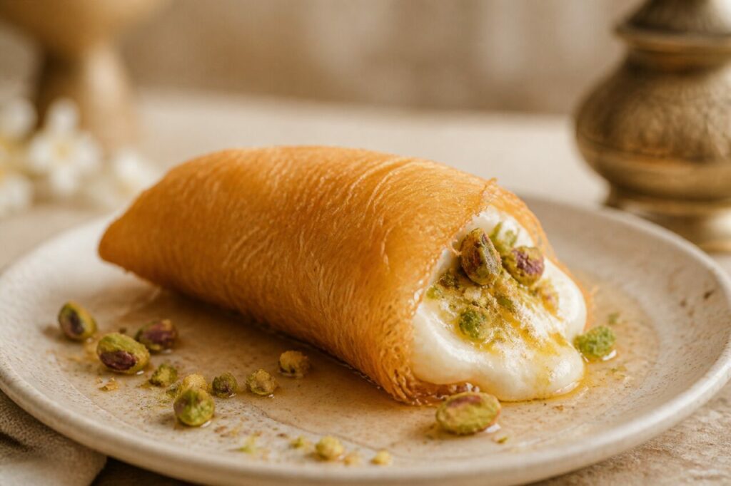 Creamy white filling and pistachios complete the golden qatayef asafiri