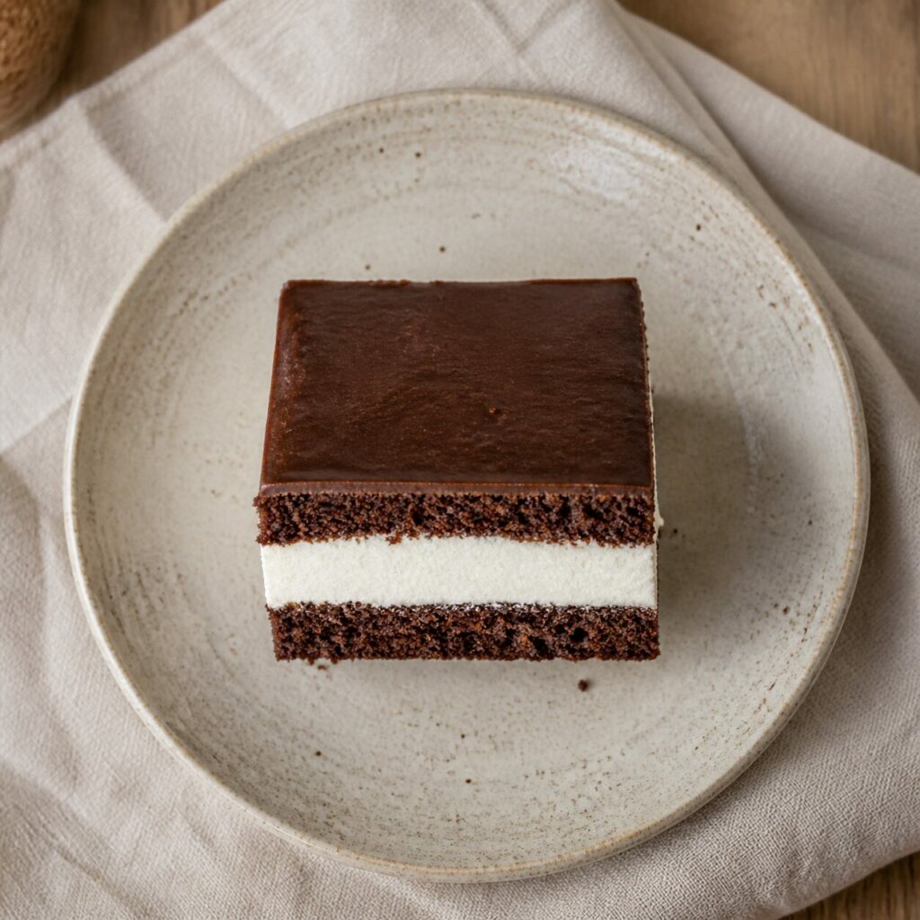 Generous white cream fills the middle of the chocolate Wuzetka