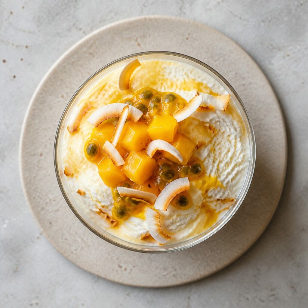 Crème blanche, mangue, graines de passion et coco dans la verrine — Parfait glacé mangue-passion-coco en verrine