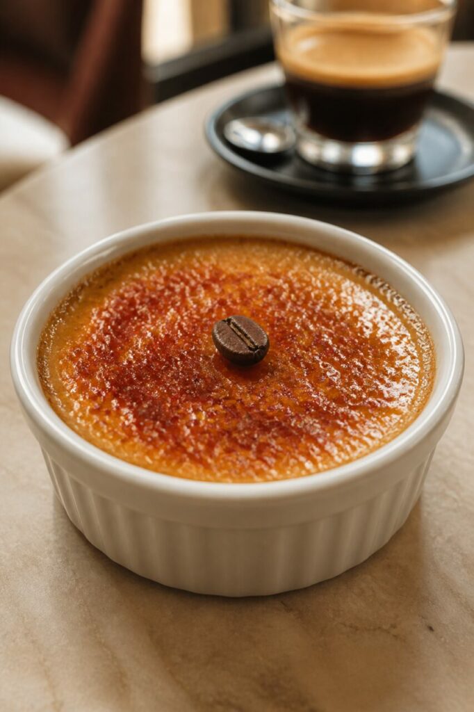 Tasse de café derrière la crème brûlée caramélisée