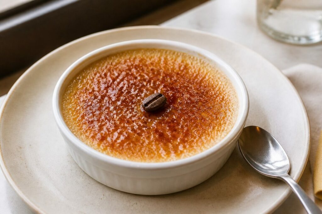 Cuillère prête à entamer la crème brûlée au café