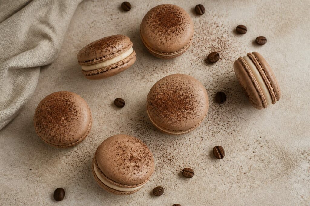Crème café visible entre les coques des macarons café-tiramisu