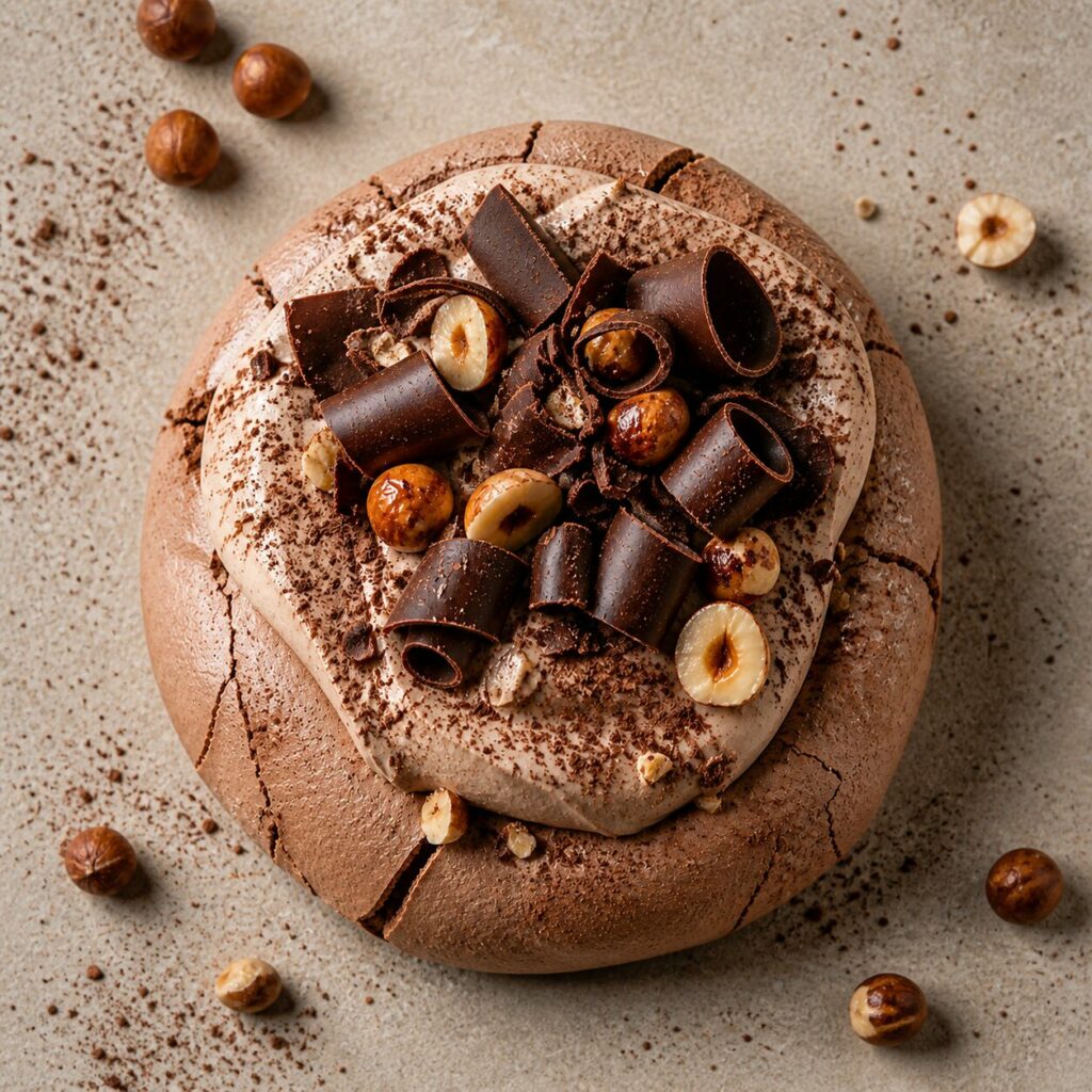 Morbida crema al cioccolato nella pavlova al cioccolato e nocciole