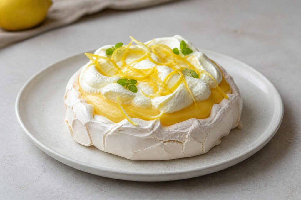 Creme de limão sob a ampla roseta da pavlova