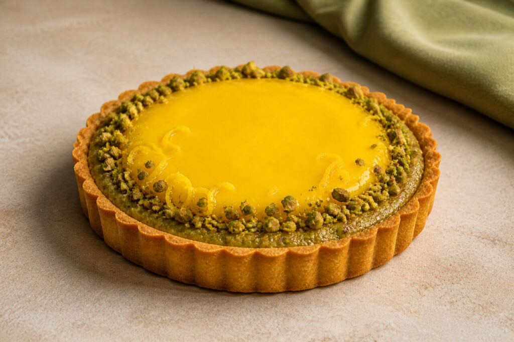 Creme brilhante de limão preenche a tarte de pistácio