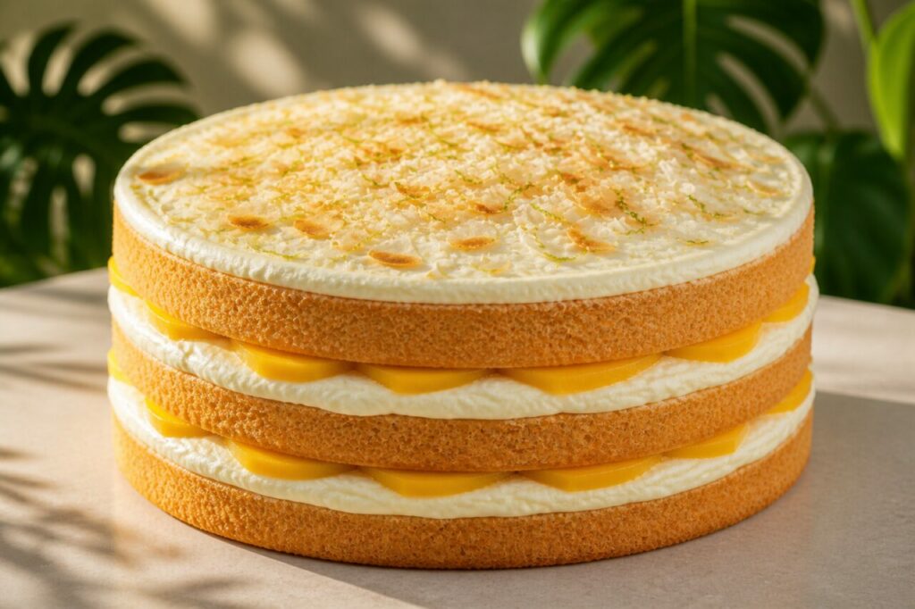 Gâteau coco-mangue-citron vert, crème et fruit tropical