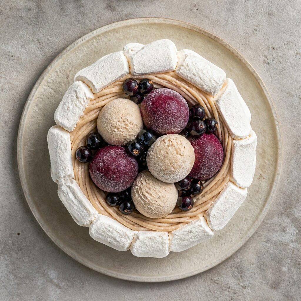 Maronencreme, Eiskugeln und schwarze Johannisbeeren — Maronen-Cassis-Vacherin, gefroren