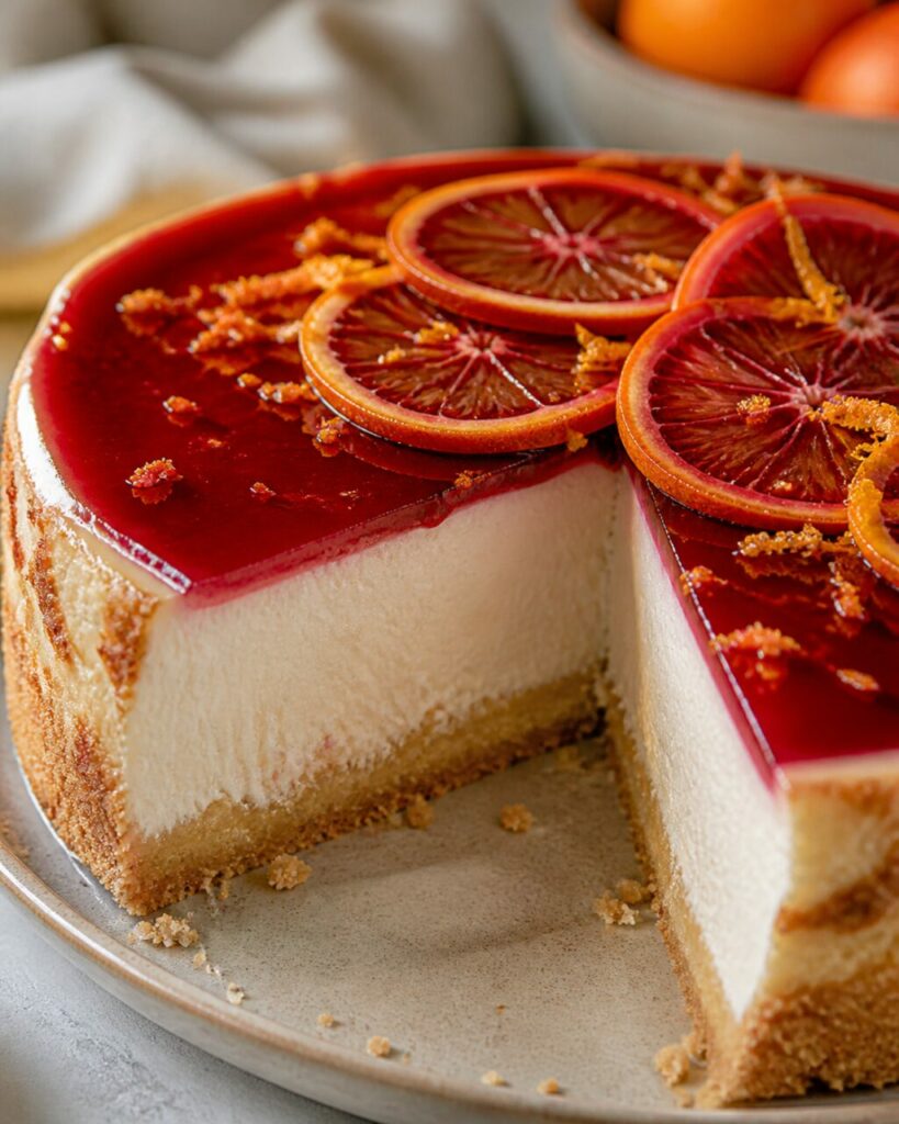 Crème ivoire révélée dans le cheesecake à l'orange sanguine