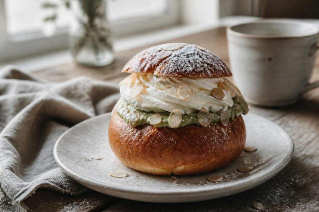 Crema verde al pistacchio nel semla svedese alle mandorle
