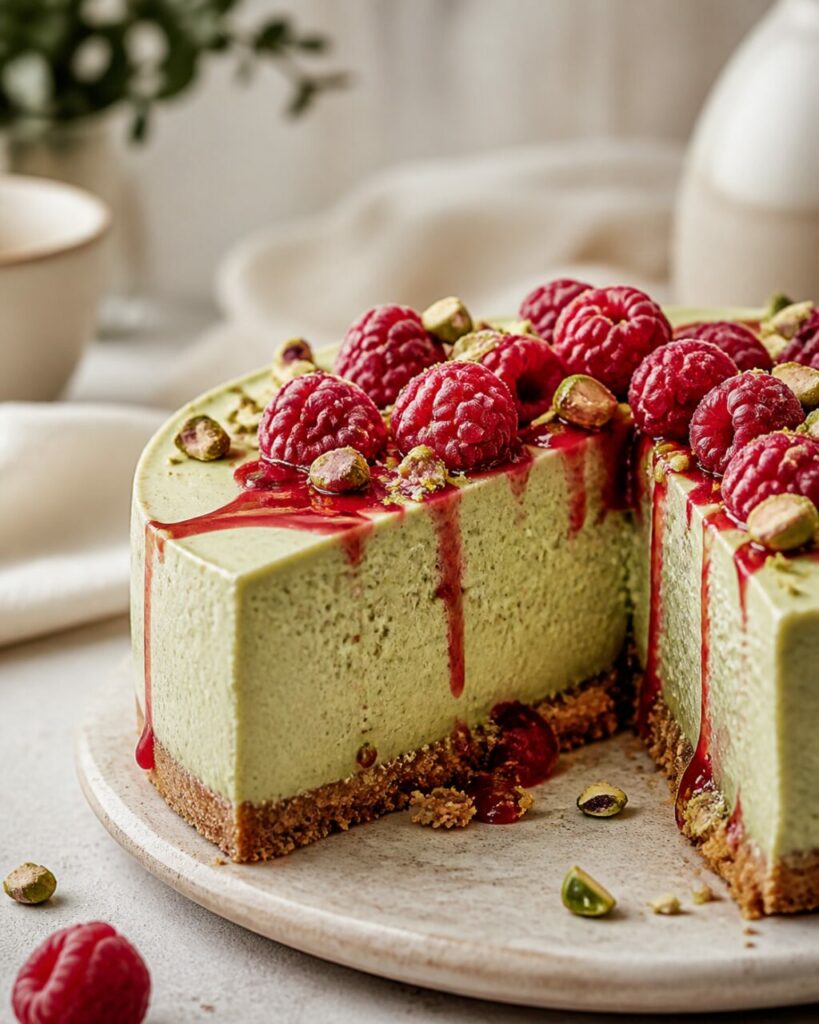 Creme verde-claro apoiado num fundo crocante do cheesecake de pistácio e framboesas