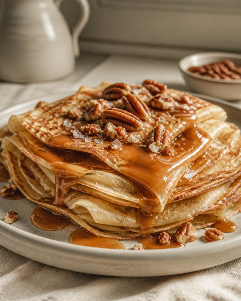 Pilha alta de crepes coberta de caramelo e nozes-pecã