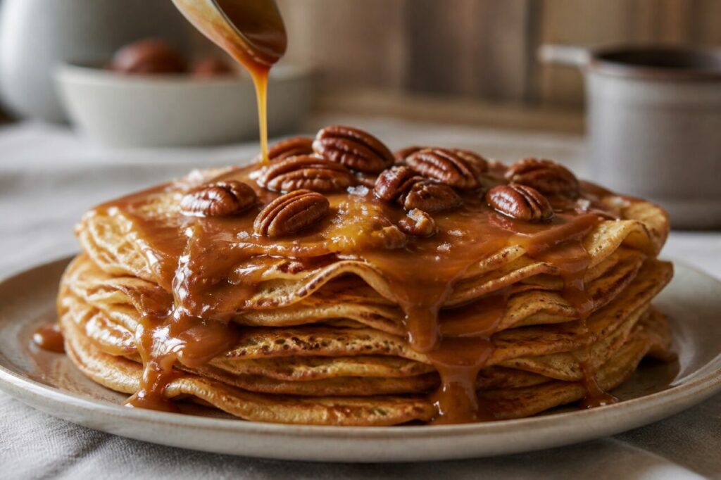 Les crêpes aux pécans reçoivent une coulée de caramel salé
