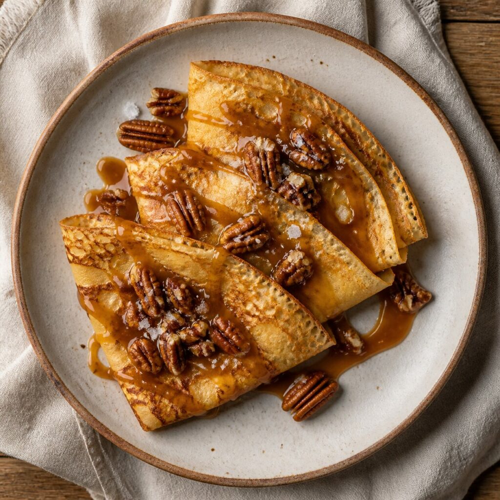 Crepes dobrados entre nozes-pecã e fitas de caramelo