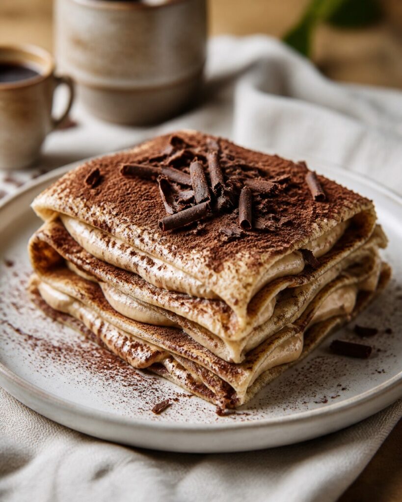 Pilha quadrada de crepes tiramisu sob cacau e raspas de chocolate