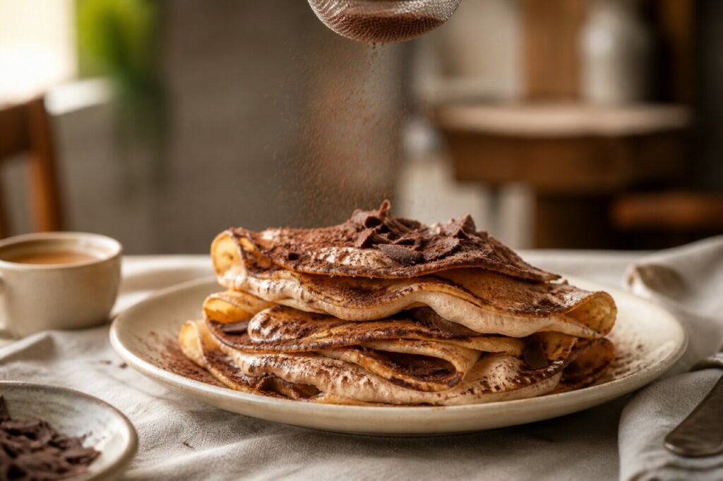 Cacao tamisé sur la pile façon tiramisu