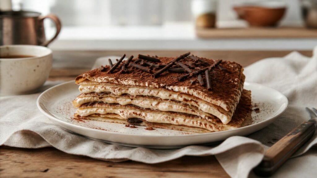 Mascarpone e camadas de crepe junto a uma chávena de café