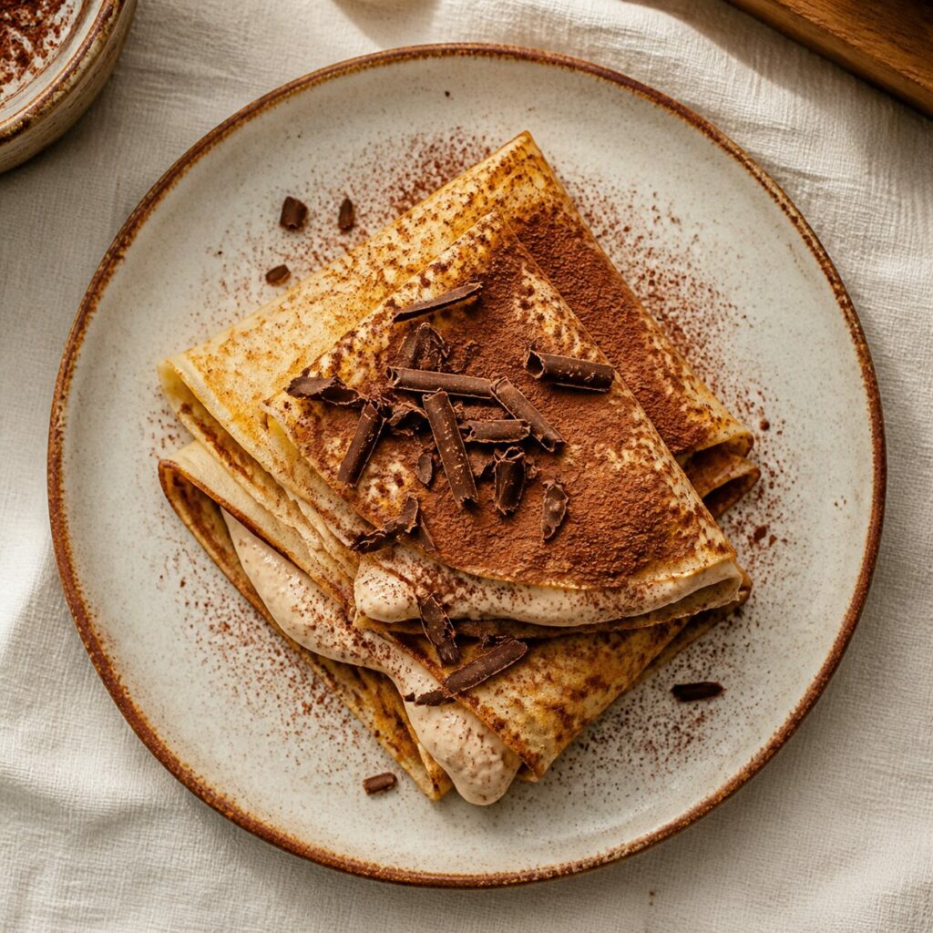 Cacau e lascas de chocolate cobrem os crepes dobrados